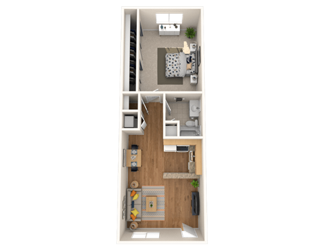 A top-down view of a small apartment with a kitchen, living room, and bedroom.
